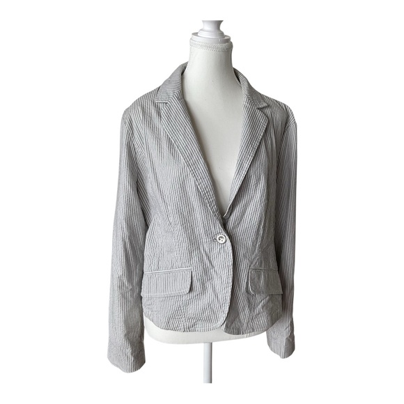 Jessica Gray & White Seersucker Stripe Blazer Jacket Stretch Cotton Size M - Picture 2 of 5